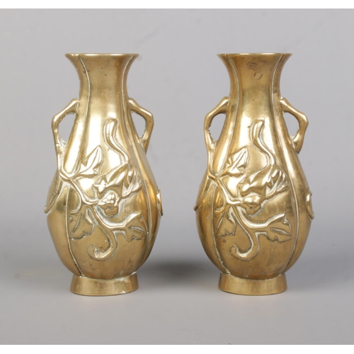 12 - A pair of Oriental bronze lobed baluster vases along with a similar bonsai planter. Height of vases ... 