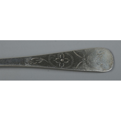 124 - Four late 18th century silver teaspoons. Bearing makers mark JLG, possibly John Le Gallais, Channel ... 