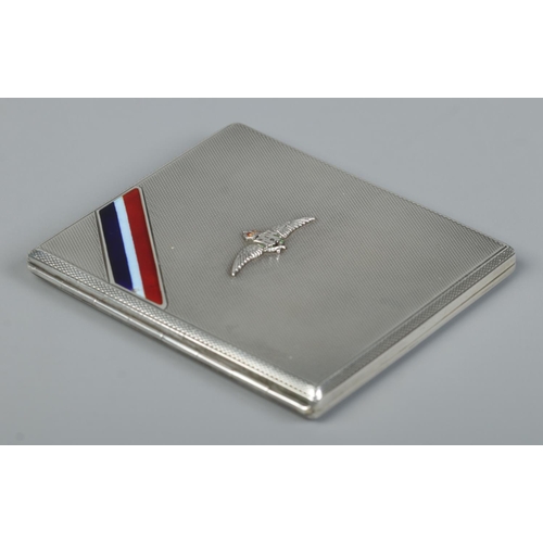 164 - A George V silver RAF cigarette case. Having engine turned engraving, insignia to front and enamelle... 