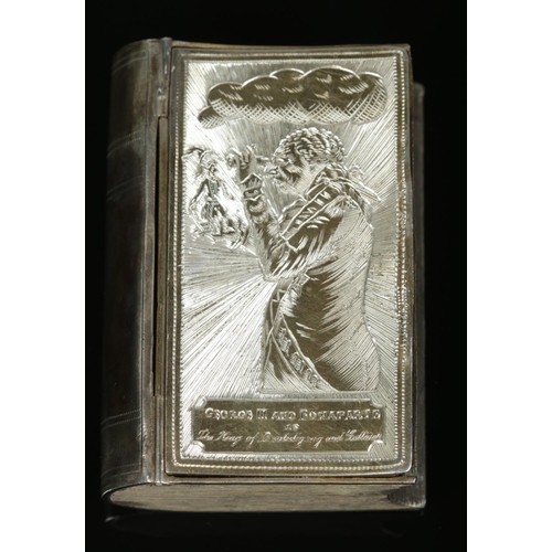 165 - A George III silver snuff box in the shape of a book. The front cover engraved after James Gillray; ... 