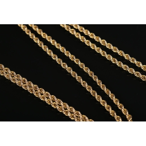 197 - A 9ct gold rope twist muff chain. Approximately 128cm. 20.57g.