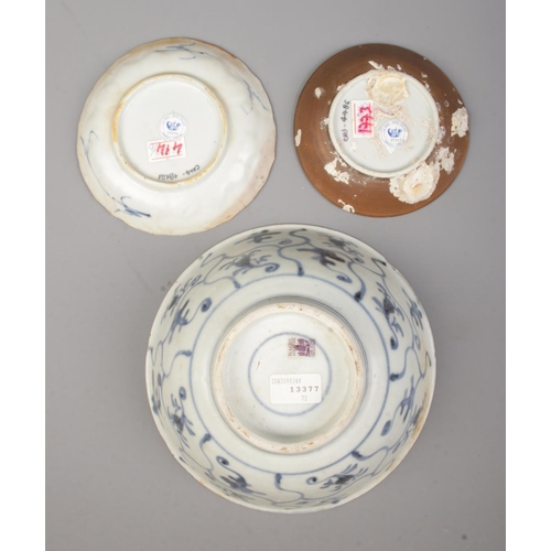 2 - Three antique pieces of Chinese blue and white porcelain. Includes Tek Sing treasures bowl and two d... 