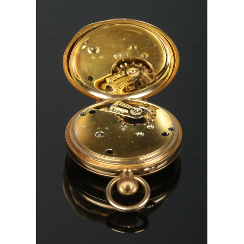 221 - An 18ct gold demi hunter fob watch. Engraved with monogram to back of case. 53.11g gross weight.