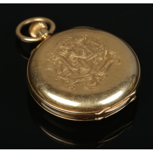 221 - An 18ct gold demi hunter fob watch. Engraved with monogram to back of case. 53.11g gross weight.