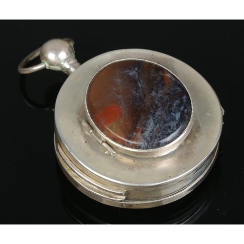 222 - A white metal pocket watch by John McLennan, London. Having agate covered locket chamber to back of ... 