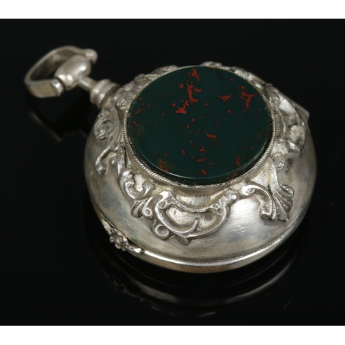 224 - A silver fusee fob watch, set with a bloodstone to the back of the case. Having silvered dial and Ar... 