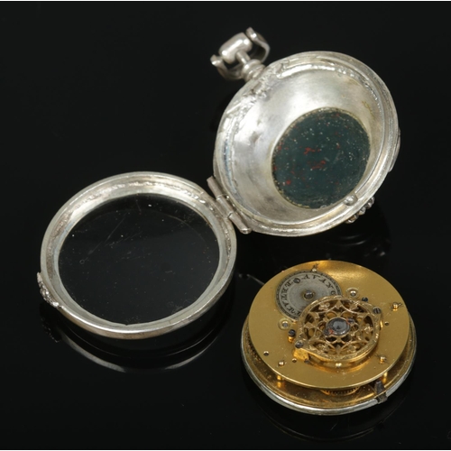 224 - A silver fusee fob watch, set with a bloodstone to the back of the case. Having silvered dial and Ar... 