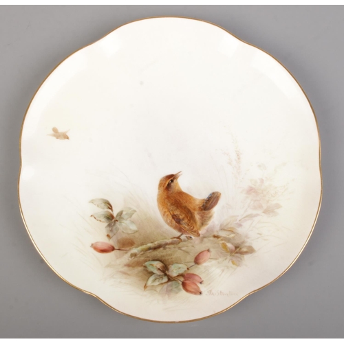 23 - James Stinton for Royal Worcester, three porcelain plates with hand painted scenes depicting birds i... 