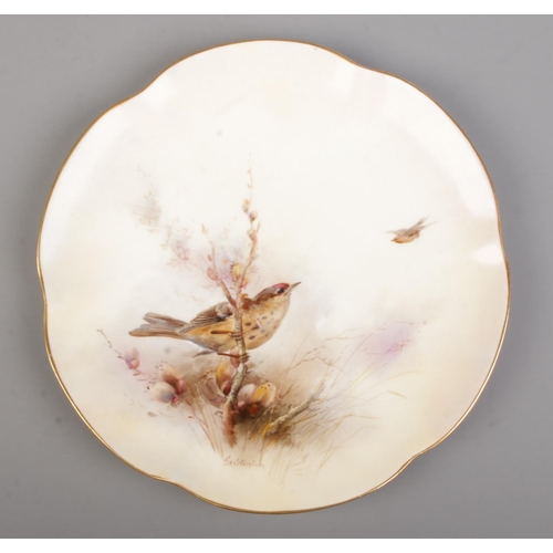 23 - James Stinton for Royal Worcester, three porcelain plates with hand painted scenes depicting birds i... 