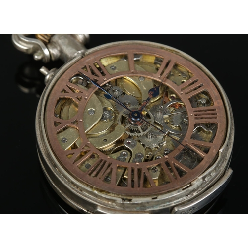 232 - A silver repeater pocket watch having Roman numeral chapter ring and visible skeleton movement.