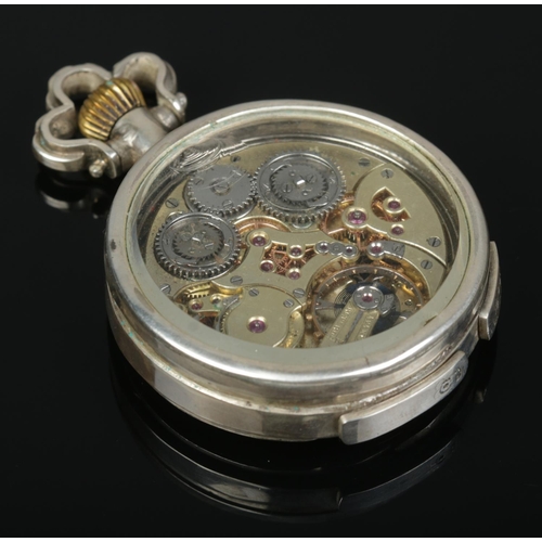 232 - A silver repeater pocket watch having Roman numeral chapter ring and visible skeleton movement.