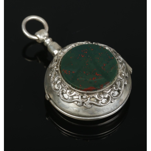 233 - A silver fusee fob watch, set with a bloodstone to the back of the case. Having white enamel dial an... 