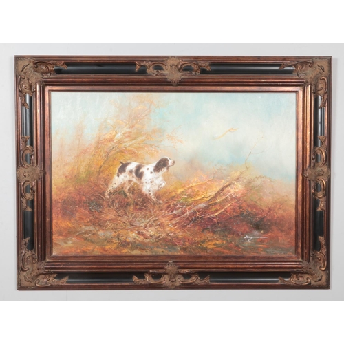 242 - Eugene Kingman (1909–1975), a large framed oil on canvas, hunting dog in woodland scene. 60cm x 91cm... 