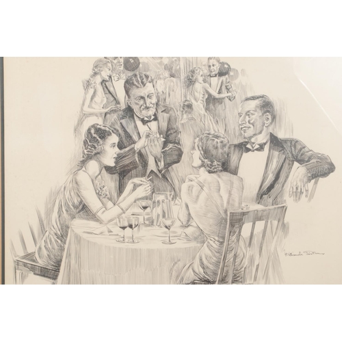 244 - William E Tristram, a framed ink and pen drawing, guests at dinner/cocktail party. 40cm x 46cm.