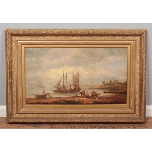 245 - A 19th century gilt framed oil on canvas, seascape with figures, boats and cattle. Signed H Shaw. 44... 