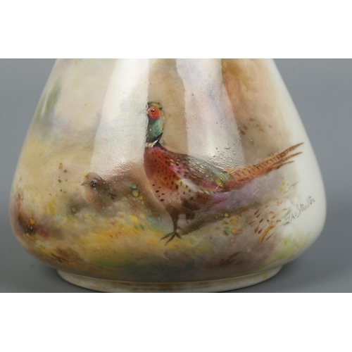 33 - James Stinton for Royal Worcester, a porcelain vase with hand painted decoration depicting pheasants... 