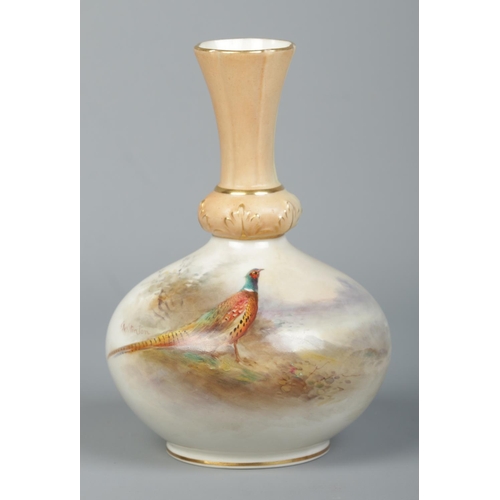 34 - James Stinton for Royal Worcester, a porcelain vase with hand painted scene depicting pheasant in wo... 