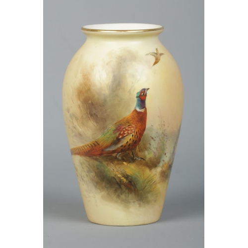 37 - James Stinton for Royal Worcester, a porcelain vase with hand painted scene depicting pheasants in w... 