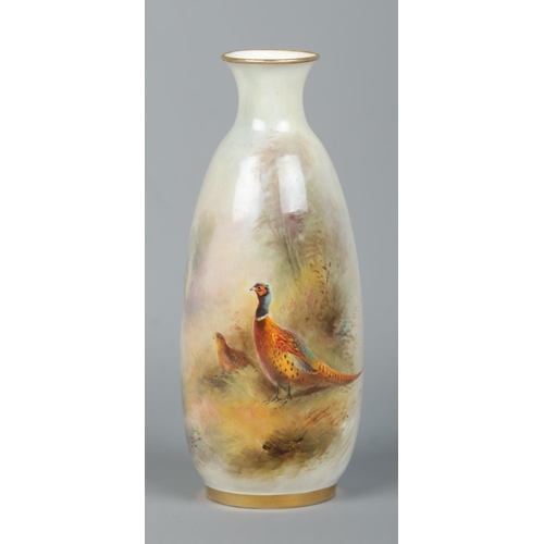 38 - James Stinton for Royal Worcester, a porcelain vase with hand painted scene depicting pheasants in w... 