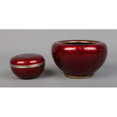 4 - Two pieces of Japanese Meiji period red cloisonne. Includes bowl decorated with bamboo shoots and li... 