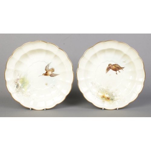 50 - James Stinton for Royal Worcester, two porcelain dessert bowls with hand painted scenes depicting bi... 