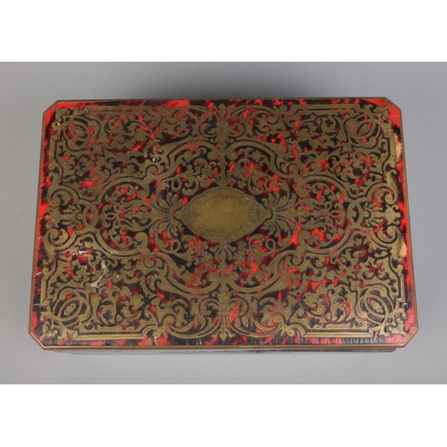 66 - A 19th century Boulle work box with hinged lid. 11cm x 28cm x 20cm.