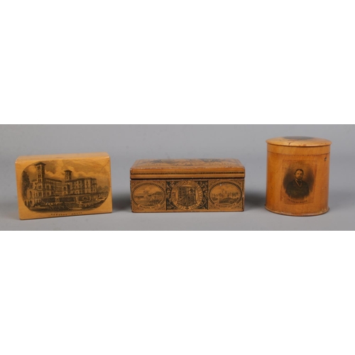 69 - A Queen Victoria's Jubilee Mauchline ware sewing box along with two similar examples. One for Osborn... 