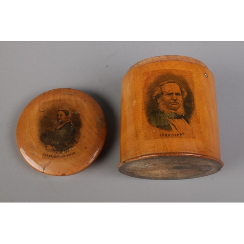 69 - A Queen Victoria's Jubilee Mauchline ware sewing box along with two similar examples. One for Osborn... 