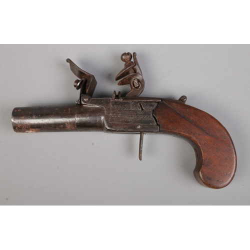 96 - A 19th century flint lock pistol with cylindrical barrel and pull down trigger. Makers mark for W Yo... 