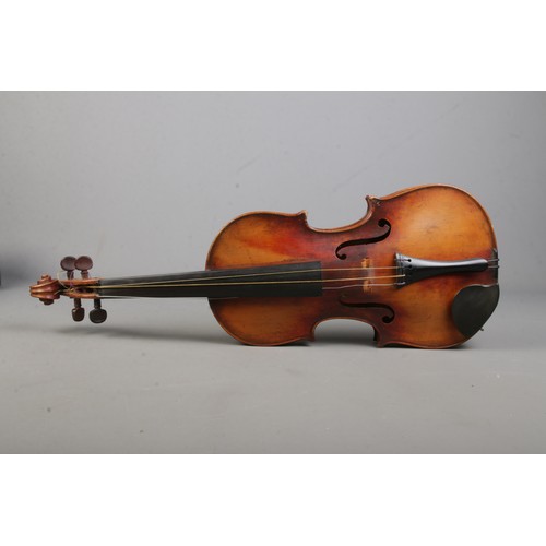 78 - An antique 14 inch violin and bow in hard case. Bears label 