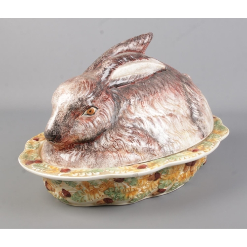 363 - A large Italian decorative ceramic rabbit pie dish. Stamped Fatto A Mano to base. 45cmx32cmx27cm.