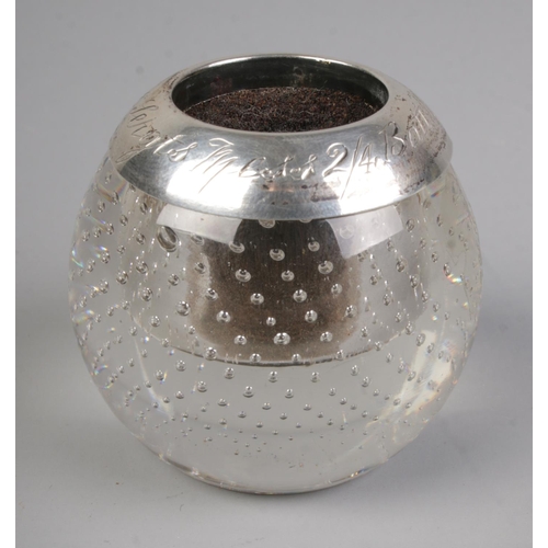 472 - Military interest. A silver and glass match striker with globular bubble glass design, assayed Birmi... 