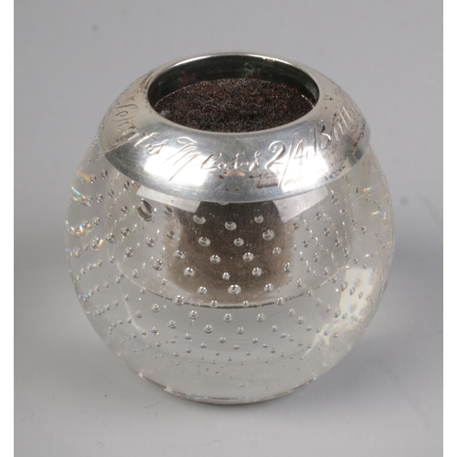 472 - Military interest. A silver and glass match striker with globular bubble glass design, assayed Birmi... 