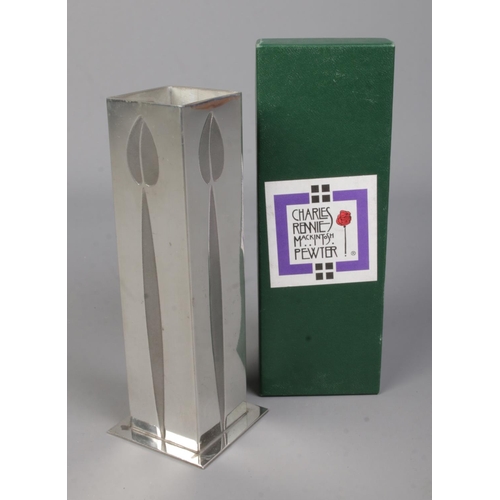 563 - A boxed Charles Rennie Mackintosh pewter vase of square form featuring tulip design to sides. Approx... 