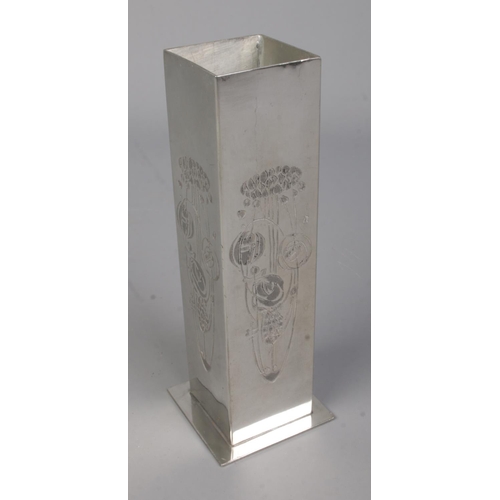 564 - A Charles Rennie Mackintosh pewter vase of square form featuring bunch of flowers to each side. Heig... 