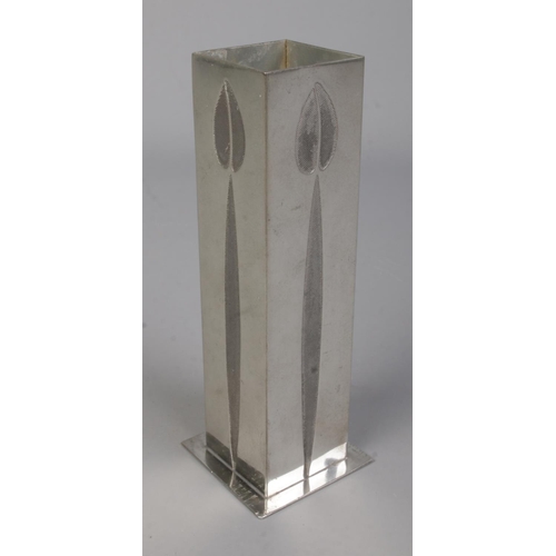 565 - A Charles Rennie Mackintosh pewter vase of square form, with tulip detailing to each side. Height 15... 