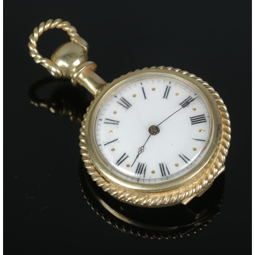 522 - A yellow metal fob watch, with French movement and polished semi-precious and colourless stones moun... 