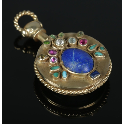 522 - A yellow metal fob watch, with French movement and polished semi-precious and colourless stones moun... 