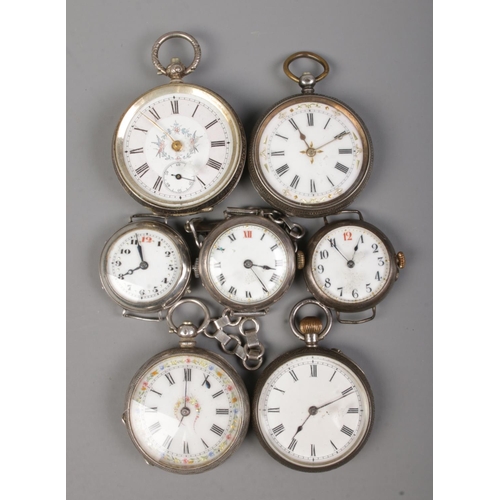 536 - Seven assorted silver fob watches and watch heads; the four fob watches all stamped 935.