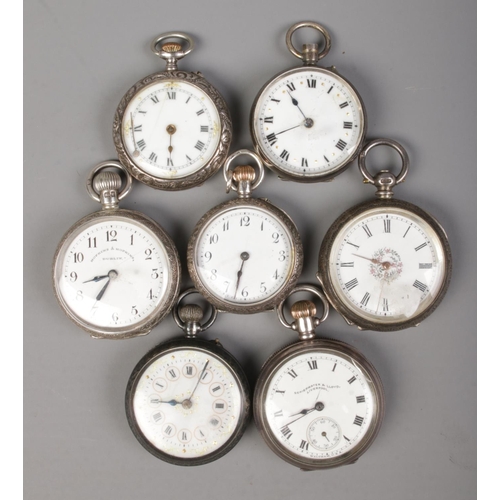 537 - Seven assorted silver fob watches, including two stamped for Hopkins and Hopkins of Dublin, and Schi... 