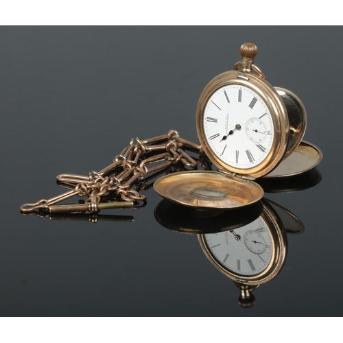 540 - A gold plated Waltham Mass half hunter pocket watch, with gold plated fob chain and T-fob. Fitted wi... 