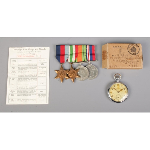 574 - A set of four WWII medals, with associated box, addressed to L.G Allen, Enfield, Middlesex. To inclu... 