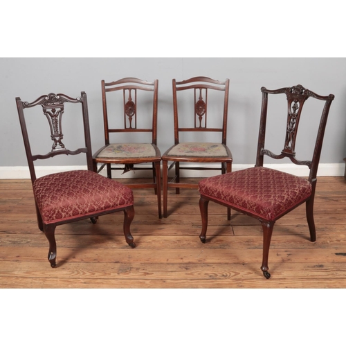 584 - Two pairs of antique chairs. Including a pair of Edwardian inlaid examples.