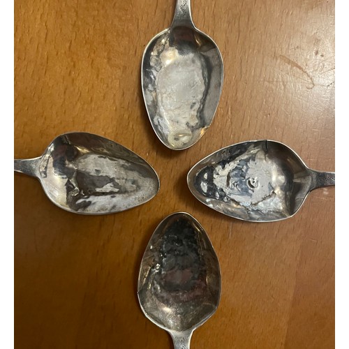 124 - Four late 18th century silver teaspoons. Bearing makers mark JLG, possibly John Le Gallais, Channel ... 