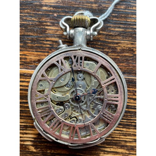 232 - A silver repeater pocket watch having Roman numeral chapter ring and visible skeleton movement.