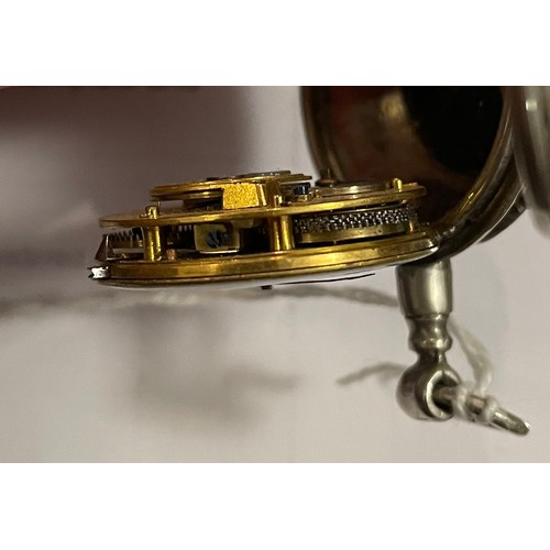 233 - A silver fusee fob watch, set with a bloodstone to the back of the case. Having white enamel dial an... 