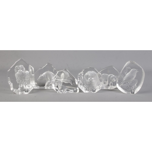 122 - Six Swedish lead glass animal paperweights by Mats Jonasson. All with original labels and etched to ... 