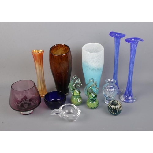 18 - A good collection of coloured art glass to include Mdina paperweights, vases, bowls, etc.
