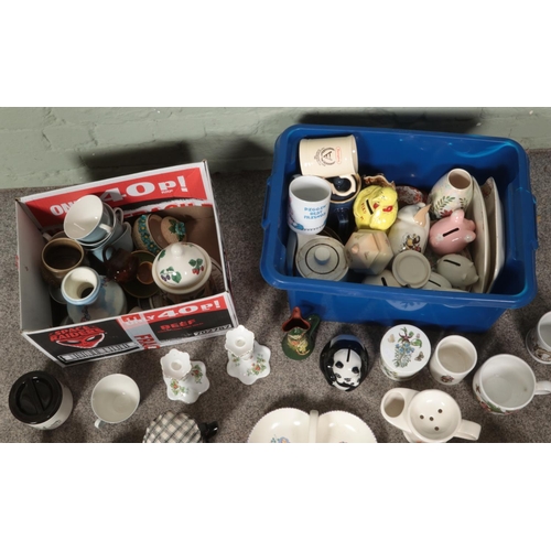 184 - Two boxes of assorted ceramics to include Carlton Ware, Denby, Portmeirion, novelty piggy banks, Wed... 