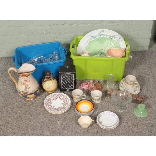 185 - Two boxes of assorted ceramics and glassware to include Carlton Ware, Goebel, coloured art glass, et... 